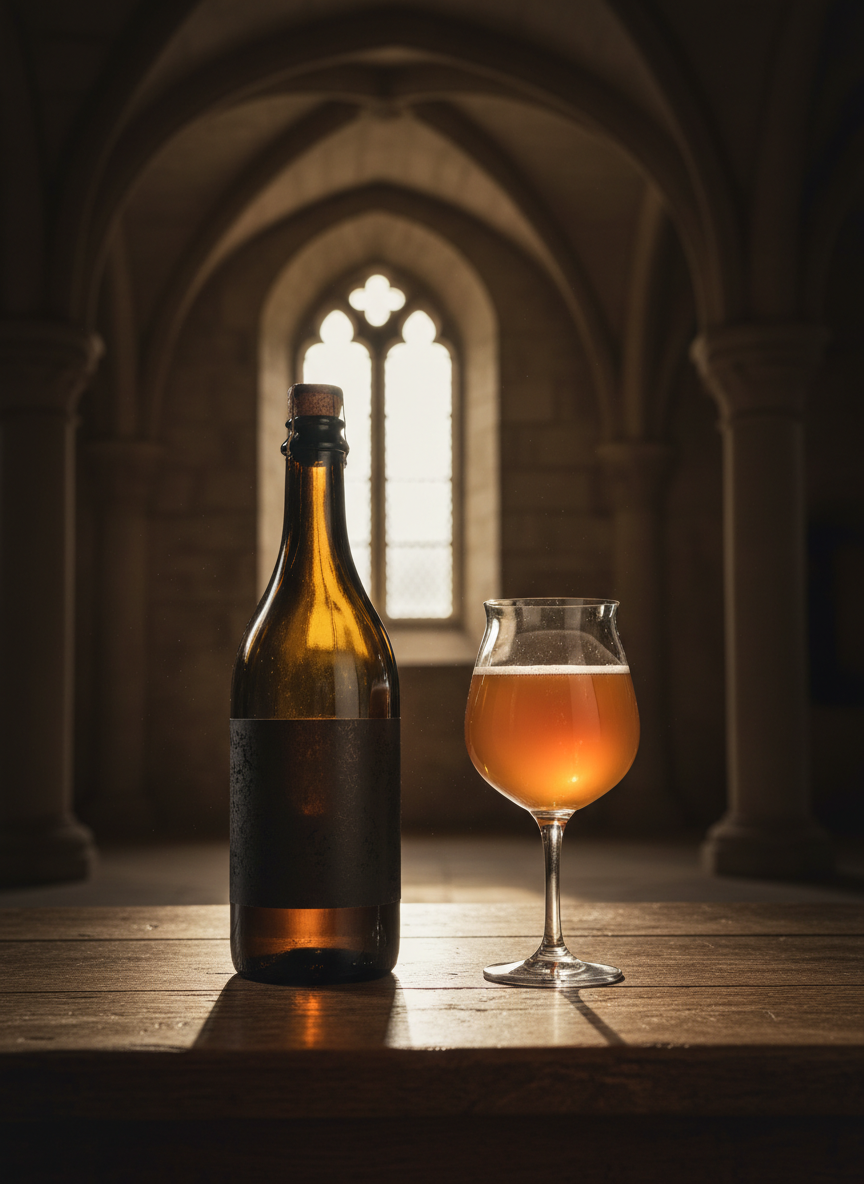 Visuel d’intention du projet brassicole : une bouteille et un verre de bière ambrée dans une architecture voûtée